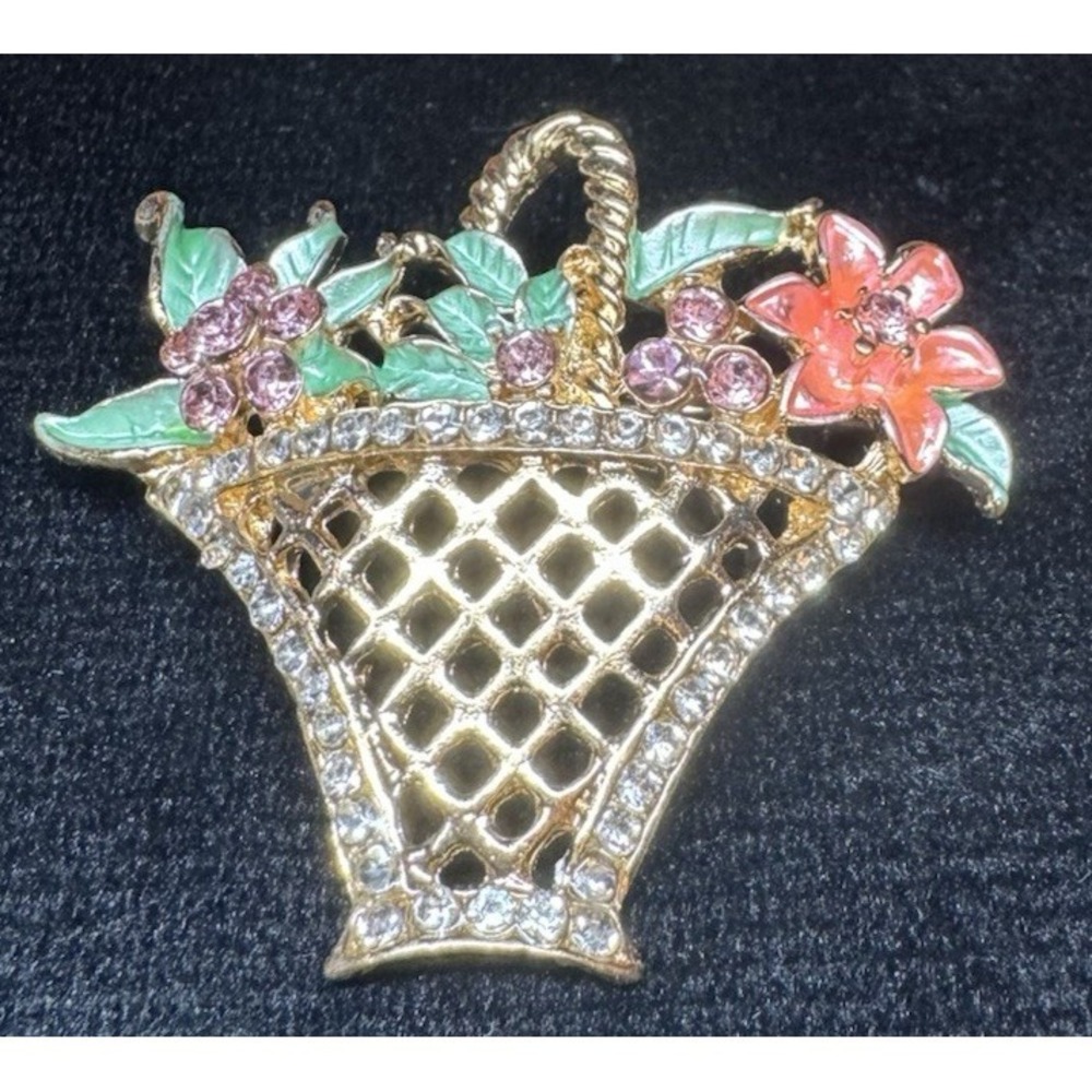 Floral Basket Rhinestone Brooch Gold Tone Enamel Flowers Pink Purple Crystal Pin